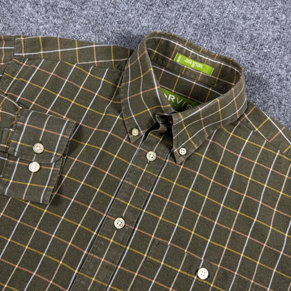 Orvis Mens Medium Olive Green Windowpane Plaid Cotton Button Down Shirt Long Slv